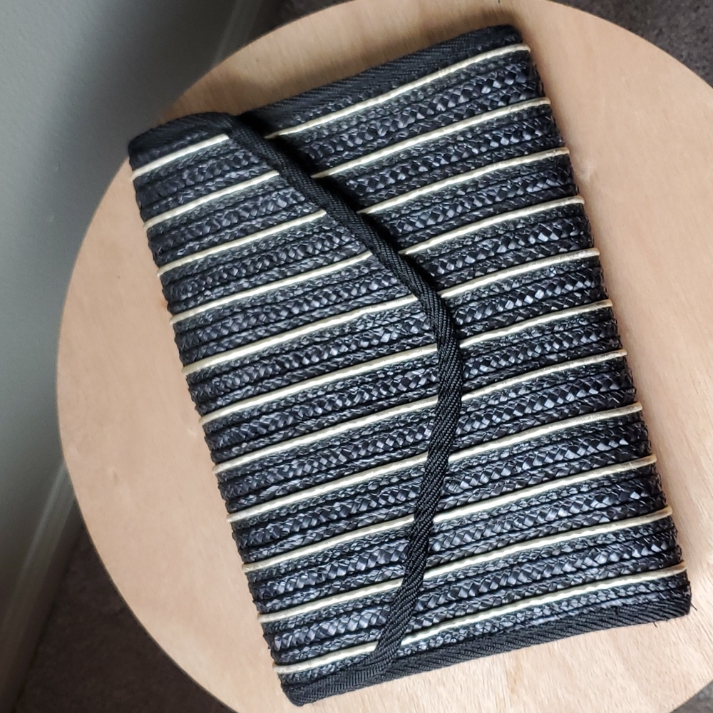 Vintage Large Raffia Envelope Clutch Black Gold